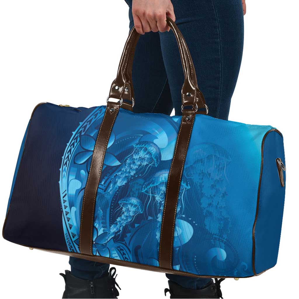 Blue Gradient Polynesia Jellyfish Travel Bag Plumeria Polynesian Tattoo Glowing Vibes