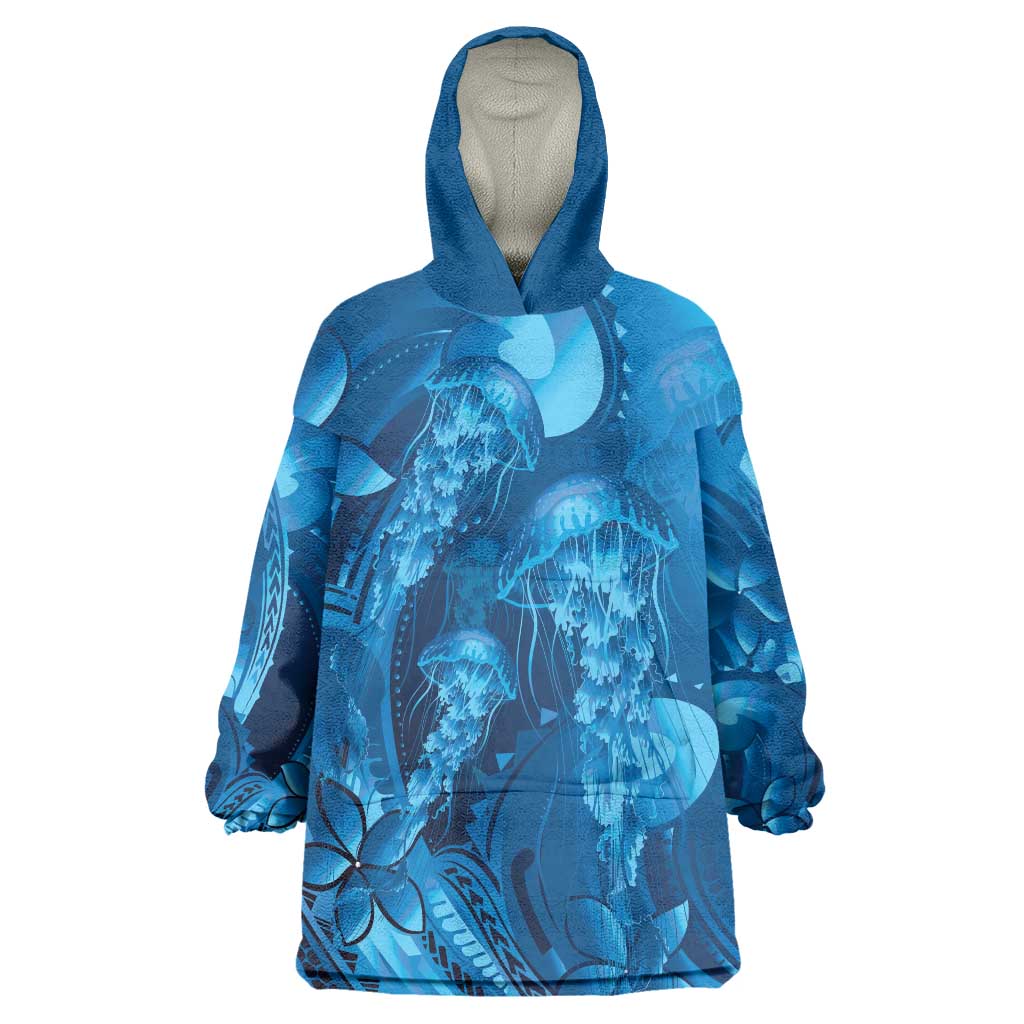 Blue Gradient Polynesia Jellyfish Wearable Blanket Hoodie Plumeria Polynesian Tattoo Glowing Vibes