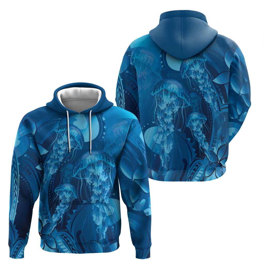 Blue Gradient Polynesia Jellyfish Zip Hoodie Plumeria Polynesian Tattoo Glowing Vibes