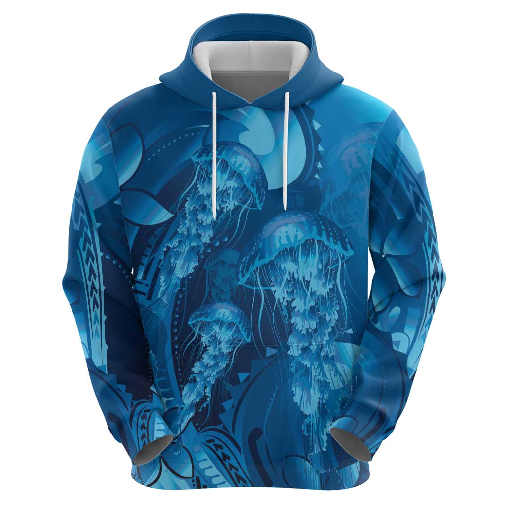 Blue Gradient Polynesia Jellyfish Zip Hoodie Plumeria Polynesian Tattoo Glowing Vibes