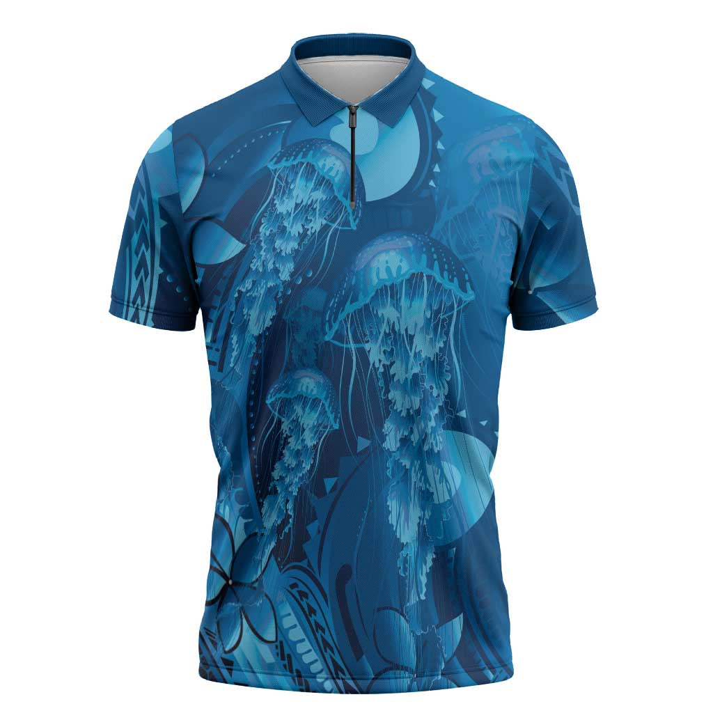 Blue Gradient Polynesia Jellyfish Zipper Polo Shirt Plumeria Polynesian Tattoo Glowing Vibes LT14 Blue - Polynesian Pride