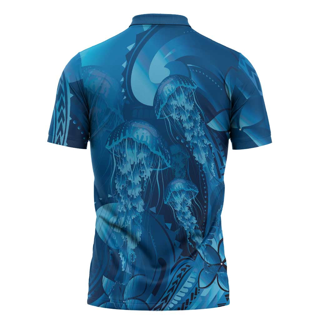 Blue Gradient Polynesia Jellyfish Zipper Polo Shirt Plumeria Polynesian Tattoo Glowing Vibes LT14 - Polynesian Pride