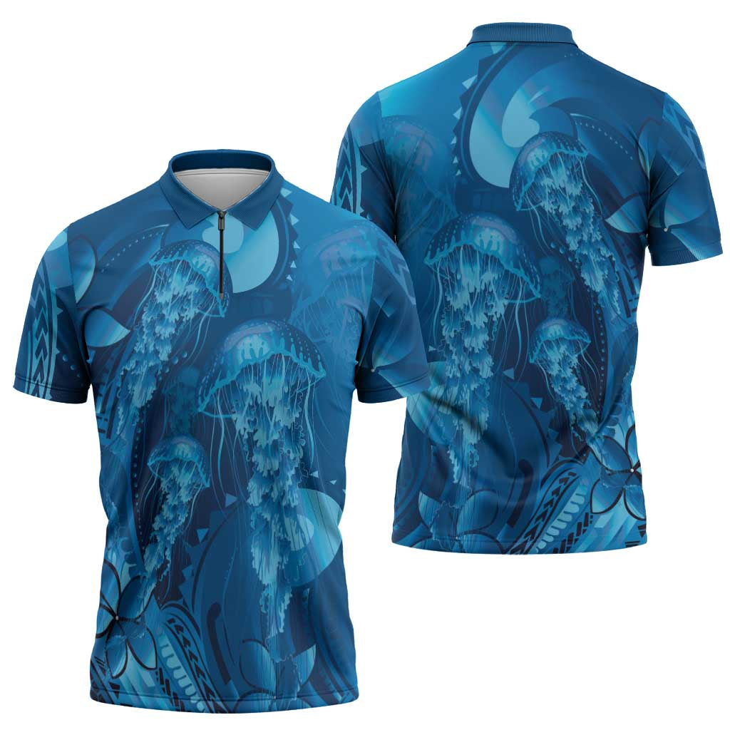 Blue Gradient Polynesia Jellyfish Zipper Polo Shirt Plumeria Polynesian Tattoo Glowing Vibes LT14 - Polynesian Pride