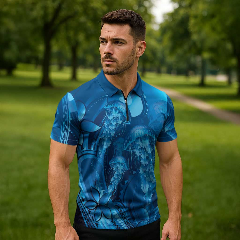 Blue Gradient Polynesia Jellyfish Zipper Polo Shirt Plumeria Polynesian Tattoo Glowing Vibes LT14 - Polynesian Pride