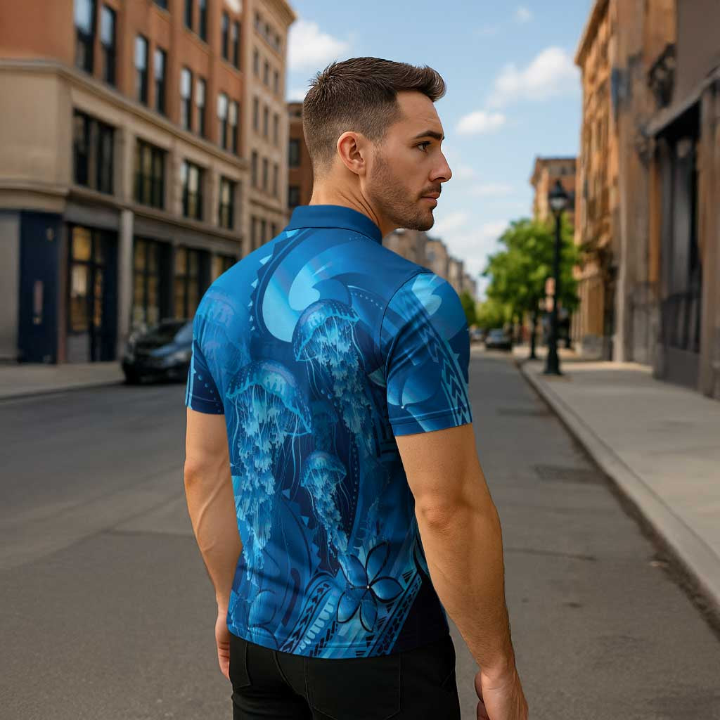 Blue Gradient Polynesia Jellyfish Zipper Polo Shirt Plumeria Polynesian Tattoo Glowing Vibes LT14 - Polynesian Pride