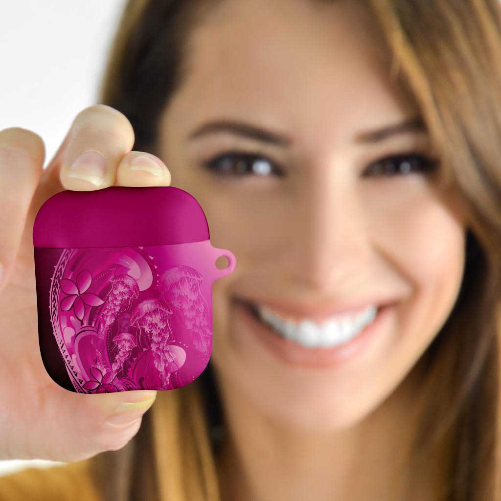 Pink Gradient Polynesia Jellyfish AirPods Case Plumeria Polynesian Tattoo Glowing Vibes