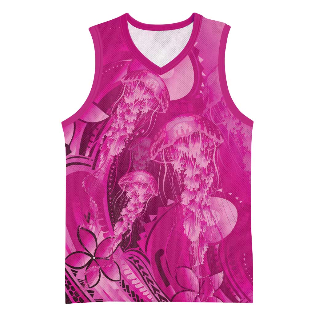 Pink Gradient Polynesia Jellyfish Basketball Jersey Plumeria Polynesian Tattoo Glowing Vibes