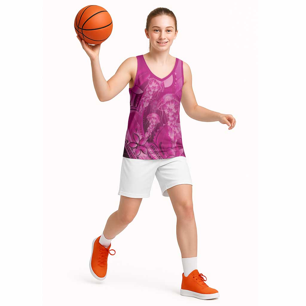 Pink Gradient Polynesia Jellyfish Basketball Jersey Plumeria Polynesian Tattoo Glowing Vibes