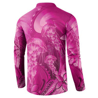 Pink Gradient Polynesia Jellyfish Button Sweatshirt Plumeria Polynesian Tattoo Glowing Vibes