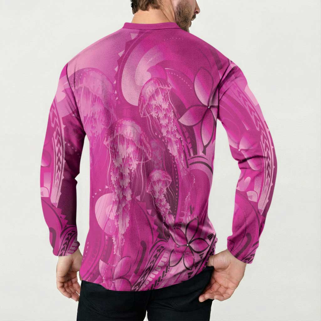 Pink Gradient Polynesia Jellyfish Button Sweatshirt Plumeria Polynesian Tattoo Glowing Vibes