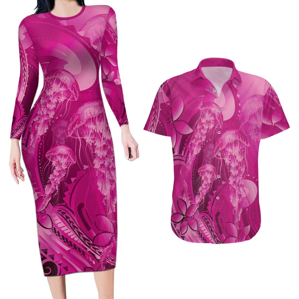 Pink Gradient Polynesia Jellyfish Couples Matching Long Sleeve Bodycon Dress and Hawaiian Shirt Plumeria Polynesian Tattoo Glowing Vibes LT14 Pink - Polynesian Pride