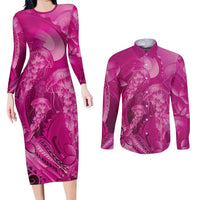 Pink Gradient Polynesia Jellyfish Couples Matching Long Sleeve Bodycon Dress and Long Sleeve Button Shirt Plumeria Polynesian Tattoo Glowing Vibes