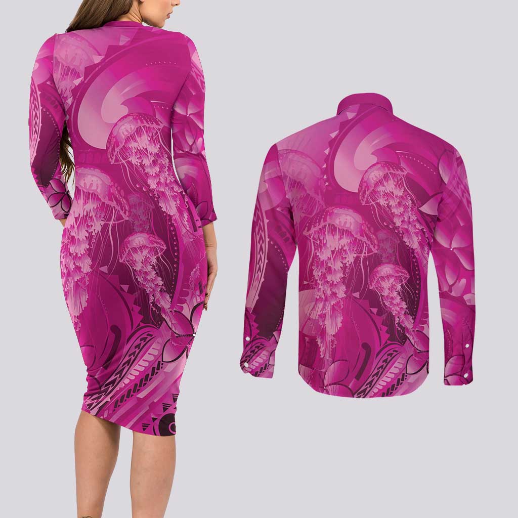 Pink Gradient Polynesia Jellyfish Couples Matching Long Sleeve Bodycon Dress and Long Sleeve Button Shirt Plumeria Polynesian Tattoo Glowing Vibes