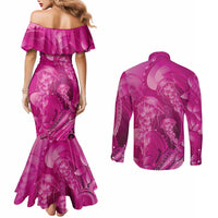 Pink Gradient Polynesia Jellyfish Couples Matching Mermaid Dress and Long Sleeve Button Shirt Plumeria Polynesian Tattoo Glowing Vibes