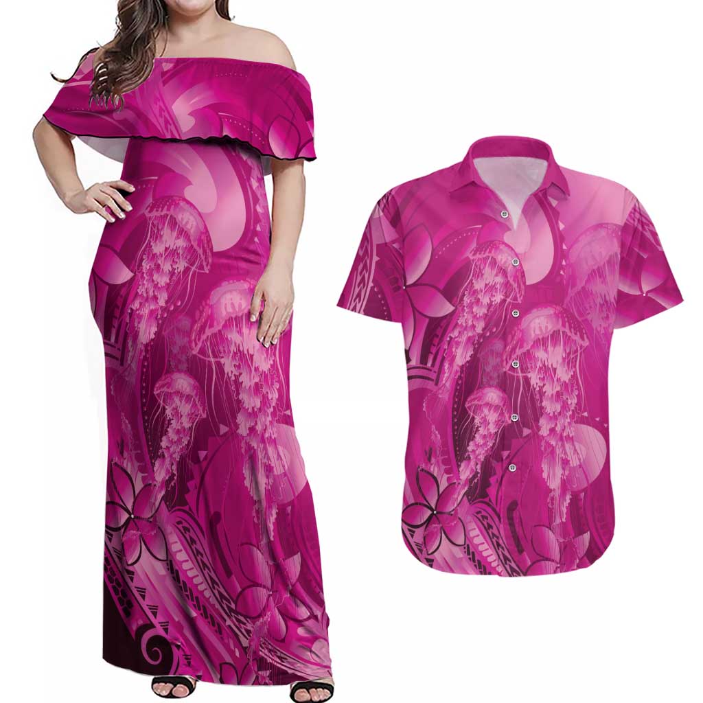 Pink Gradient Polynesia Jellyfish Couples Matching Off Shoulder Maxi Dress and Hawaiian Shirt Plumeria Polynesian Tattoo Glowing Vibes LT14 Pink - Polynesian Pride