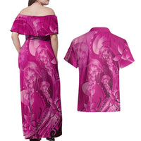 Pink Gradient Polynesia Jellyfish Couples Matching Off Shoulder Maxi Dress and Hawaiian Shirt Plumeria Polynesian Tattoo Glowing Vibes