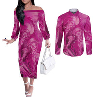 Pink Gradient Polynesia Jellyfish Couples Matching Off The Shoulder Long Sleeve Dress and Long Sleeve Button Shirt Plumeria Polynesian Tattoo Glowing Vibes
