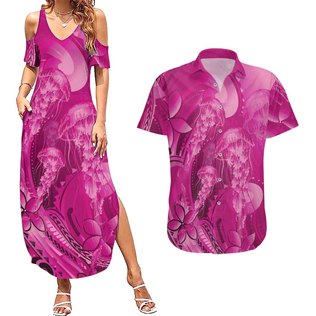 Pink Gradient Polynesia Jellyfish Couples Matching Summer Maxi Dress and Hawaiian Shirt Plumeria Polynesian Tattoo Glowing Vibes
