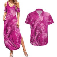 Pink Gradient Polynesia Jellyfish Couples Matching Summer Maxi Dress and Hawaiian Shirt Plumeria Polynesian Tattoo Glowing Vibes