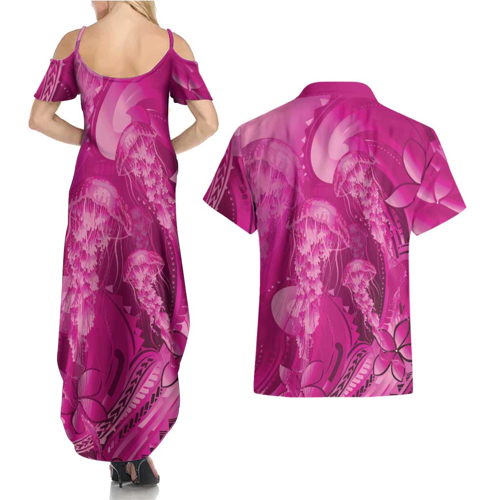 Pink Gradient Polynesia Jellyfish Couples Matching Summer Maxi Dress and Hawaiian Shirt Plumeria Polynesian Tattoo Glowing Vibes