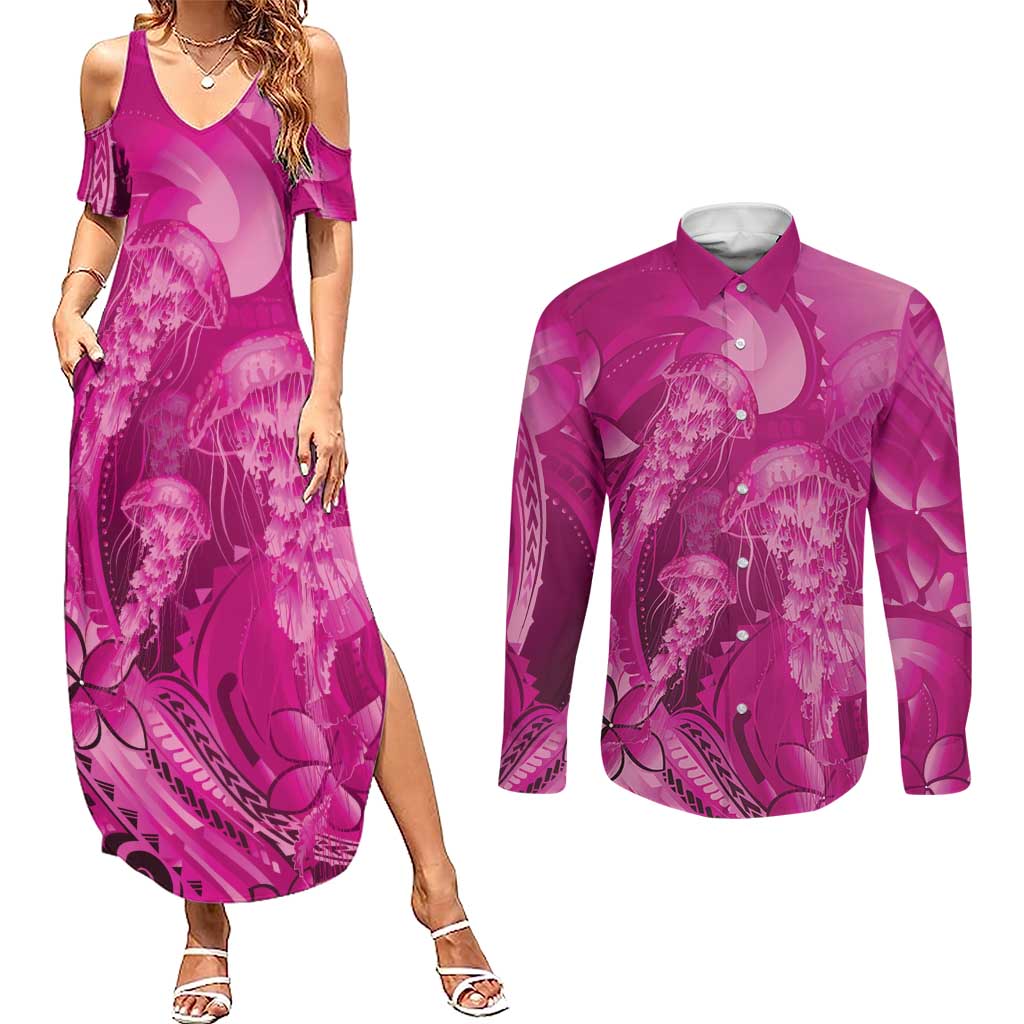 Pink Gradient Polynesia Jellyfish Couples Matching Summer Maxi Dress and Long Sleeve Button Shirt Plumeria Polynesian Tattoo Glowing Vibes LT14 Pink - Polynesian Pride