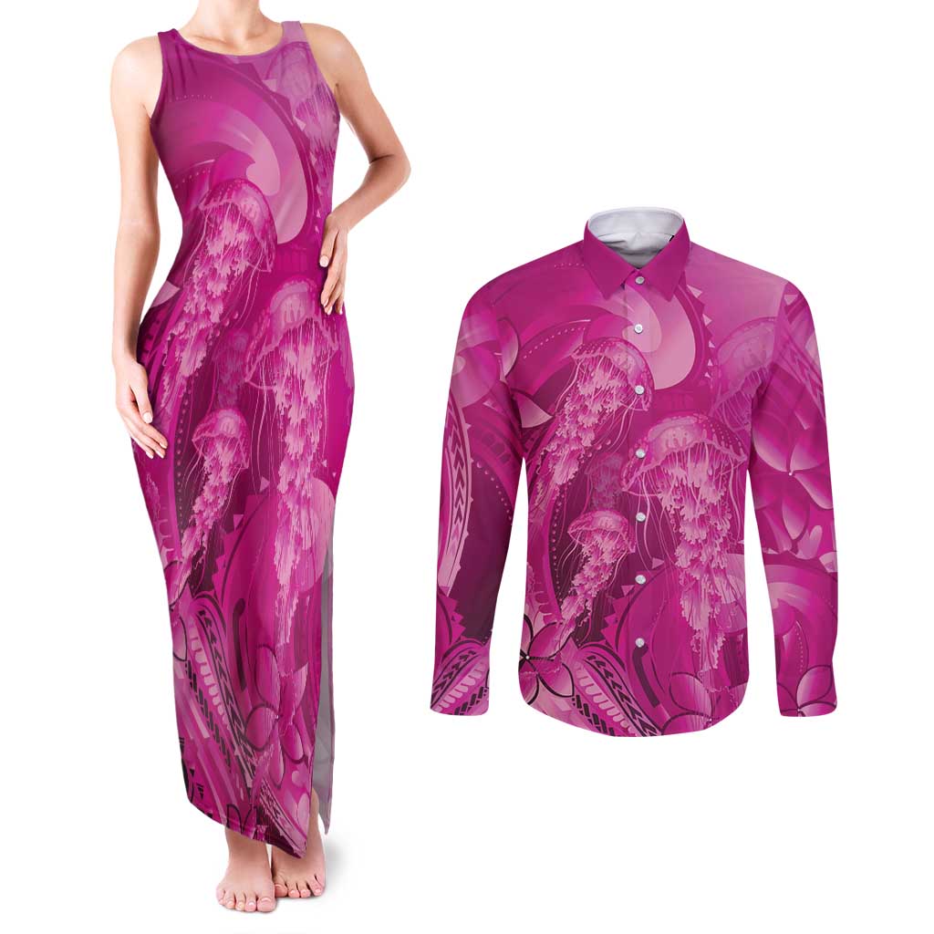 Pink Gradient Polynesia Jellyfish Couples Matching Tank Maxi Dress and Long Sleeve Button Shirt Plumeria Polynesian Tattoo Glowing Vibes