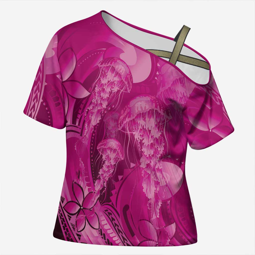 Pink Gradient Polynesia Jellyfish Cross Shoulder Shirt Plumeria Polynesian Tattoo Glowing Vibes LT14 Female Pink - Polynesian Pride