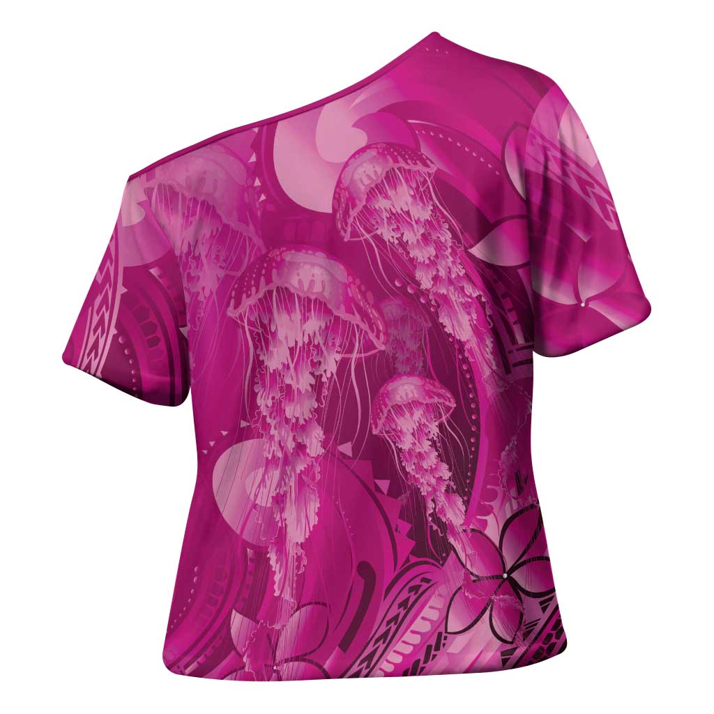 Pink Gradient Polynesia Jellyfish Cross Shoulder Shirt Plumeria Polynesian Tattoo Glowing Vibes LT14 - Polynesian Pride