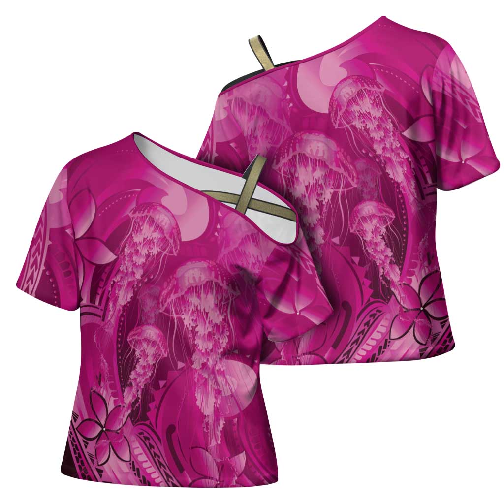 Pink Gradient Polynesia Jellyfish Cross Shoulder Shirt Plumeria Polynesian Tattoo Glowing Vibes LT14 - Polynesian Pride