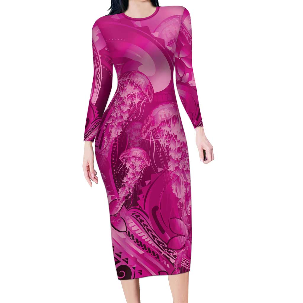 Pink Gradient Polynesia Jellyfish Family Matching Long Sleeve Bodycon Dress and Hawaiian Shirt Plumeria Polynesian Tattoo Glowing Vibes