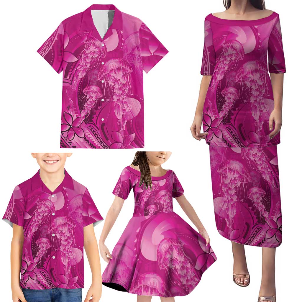 Pink Gradient Polynesia Jellyfish Family Matching Puletasi and Hawaiian Shirt Plumeria Polynesian Tattoo Glowing Vibes
