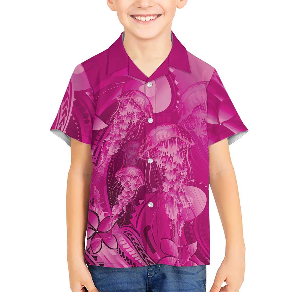 Pink Gradient Polynesia Jellyfish Family Matching Puletasi and Hawaiian Shirt Plumeria Polynesian Tattoo Glowing Vibes