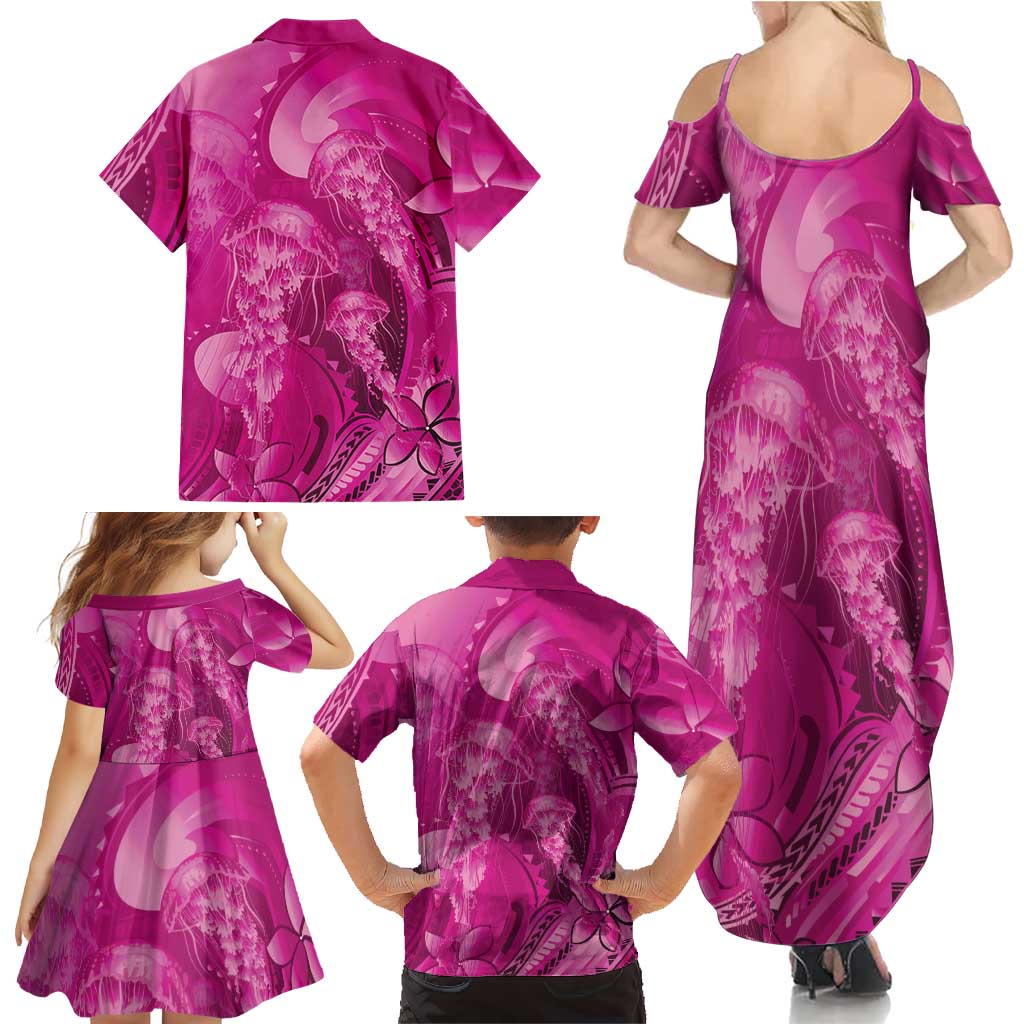 Pink Gradient Polynesia Jellyfish Family Matching Summer Maxi Dress and Hawaiian Shirt Plumeria Polynesian Tattoo Glowing Vibes