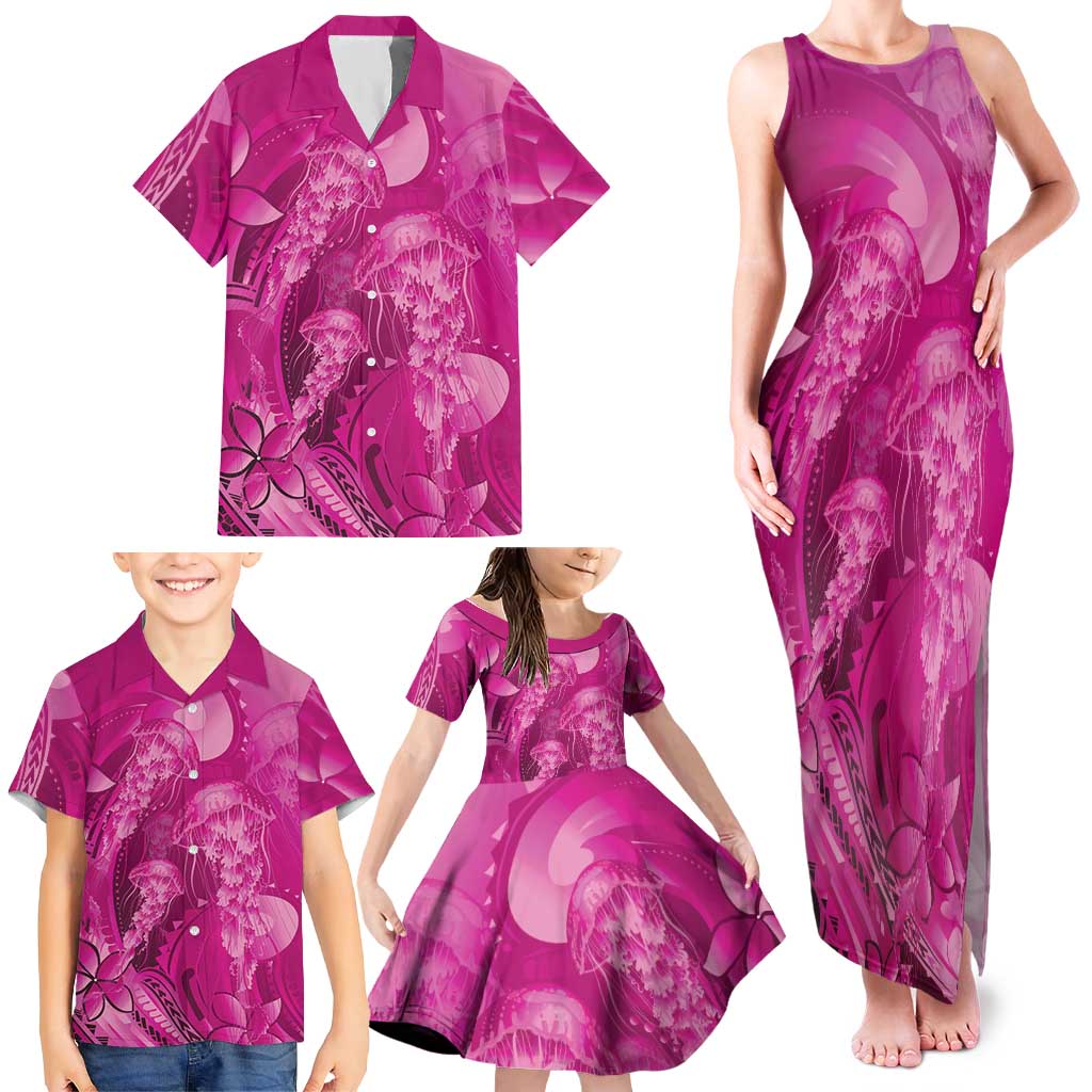 Pink Gradient Polynesia Jellyfish Family Matching Tank Maxi Dress and Hawaiian Shirt Plumeria Polynesian Tattoo Glowing Vibes