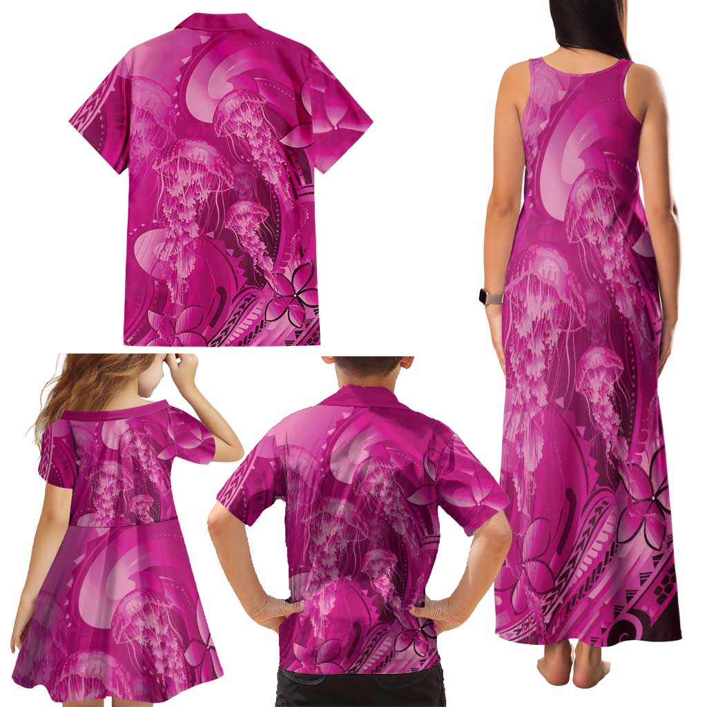Pink Gradient Polynesia Jellyfish Family Matching Tank Maxi Dress and Hawaiian Shirt Plumeria Polynesian Tattoo Glowing Vibes