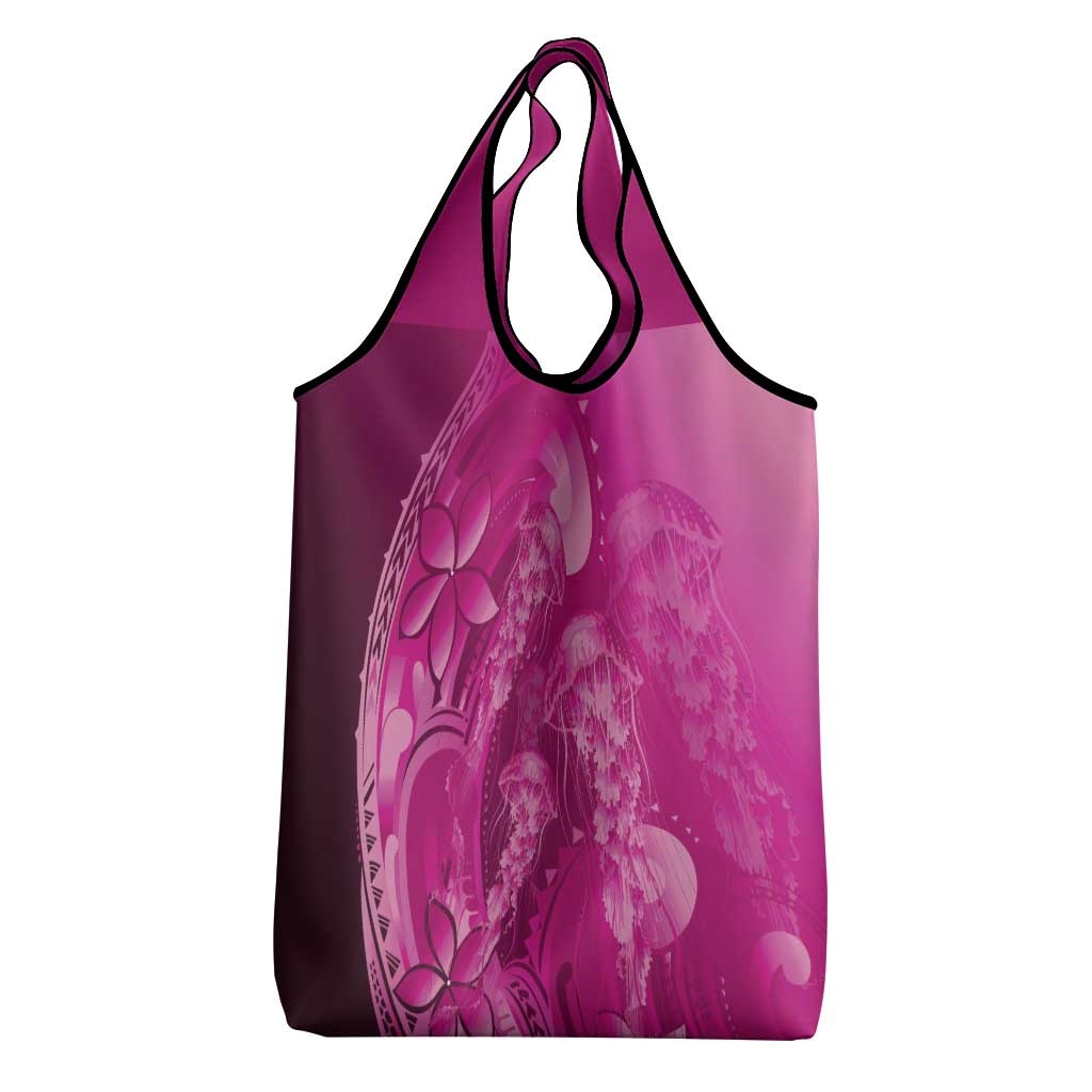 Pink Gradient Polynesia Jellyfish Grocery Bag Plumeria Polynesian Tattoo Glowing Vibes