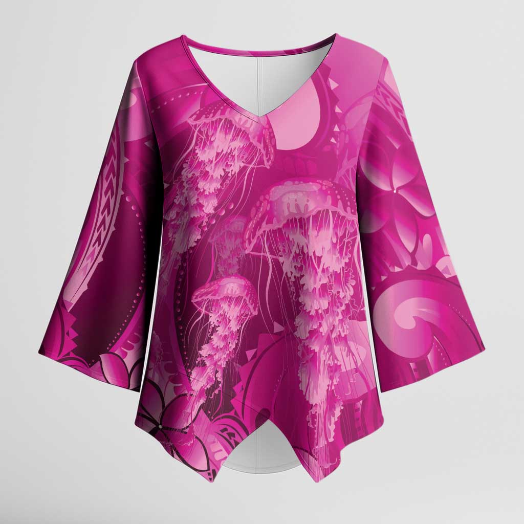 Pink Gradient Polynesia Jellyfish Kimono Sleeve Blouse Plumeria Polynesian Tattoo Glowing Vibes