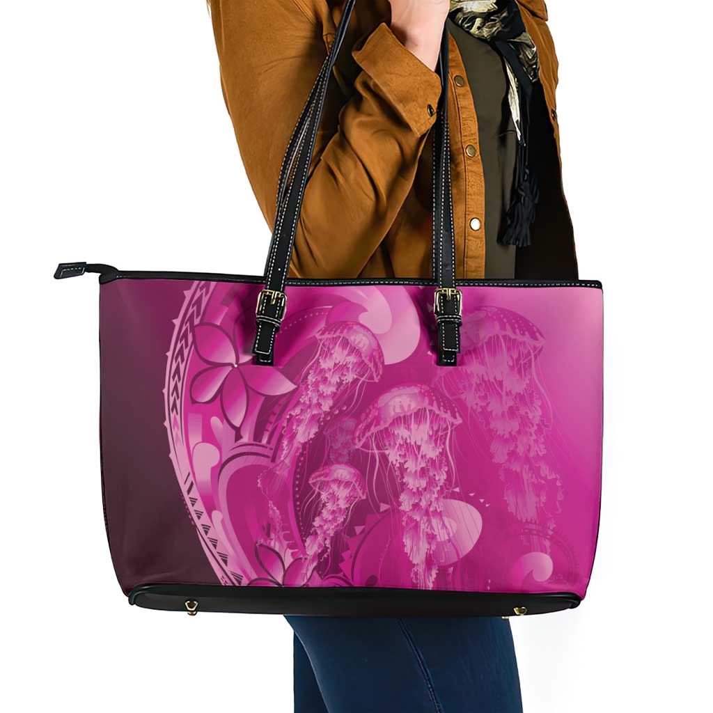 Pink Gradient Polynesia Jellyfish Leather Tote Bag Plumeria Polynesian Tattoo Glowing Vibes LT14 - Polynesian Pride