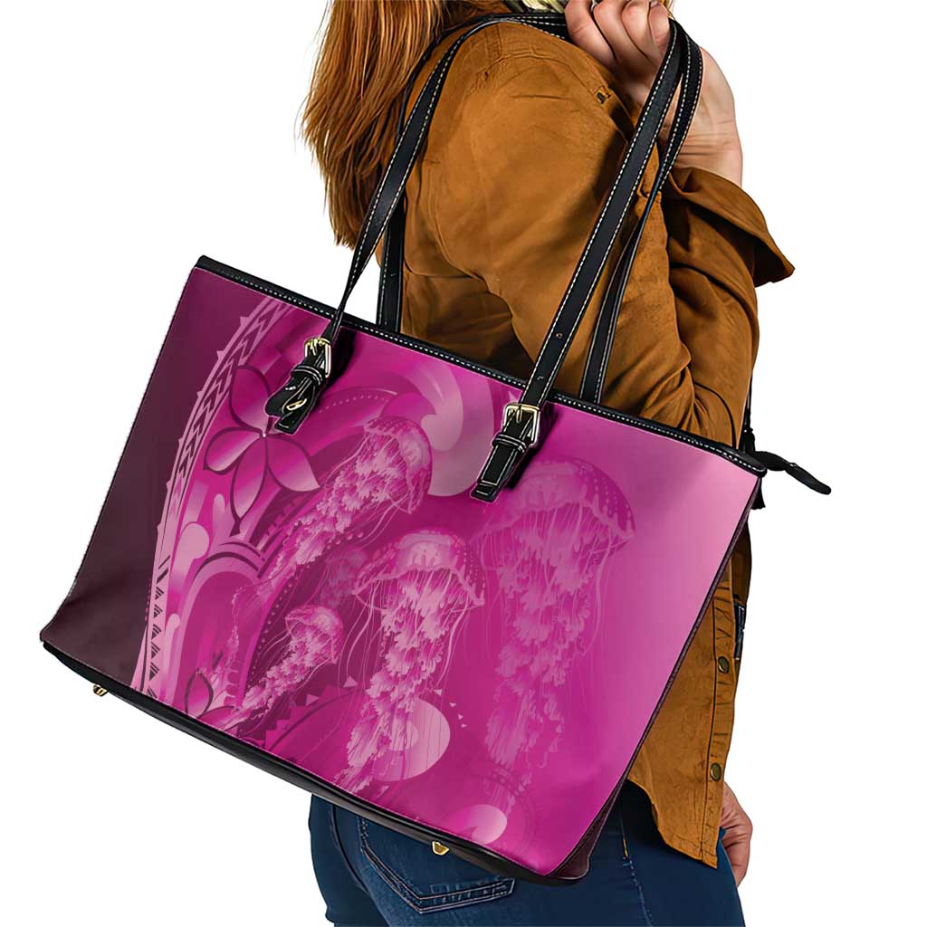 Pink Gradient Polynesia Jellyfish Leather Tote Bag Plumeria Polynesian Tattoo Glowing Vibes LT14 - Polynesian Pride