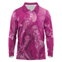 Pink Gradient Polynesia Jellyfish Long Sleeve Polo Shirt Plumeria Polynesian Tattoo Glowing Vibes