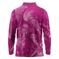 Pink Gradient Polynesia Jellyfish Long Sleeve Polo Shirt Plumeria Polynesian Tattoo Glowing Vibes