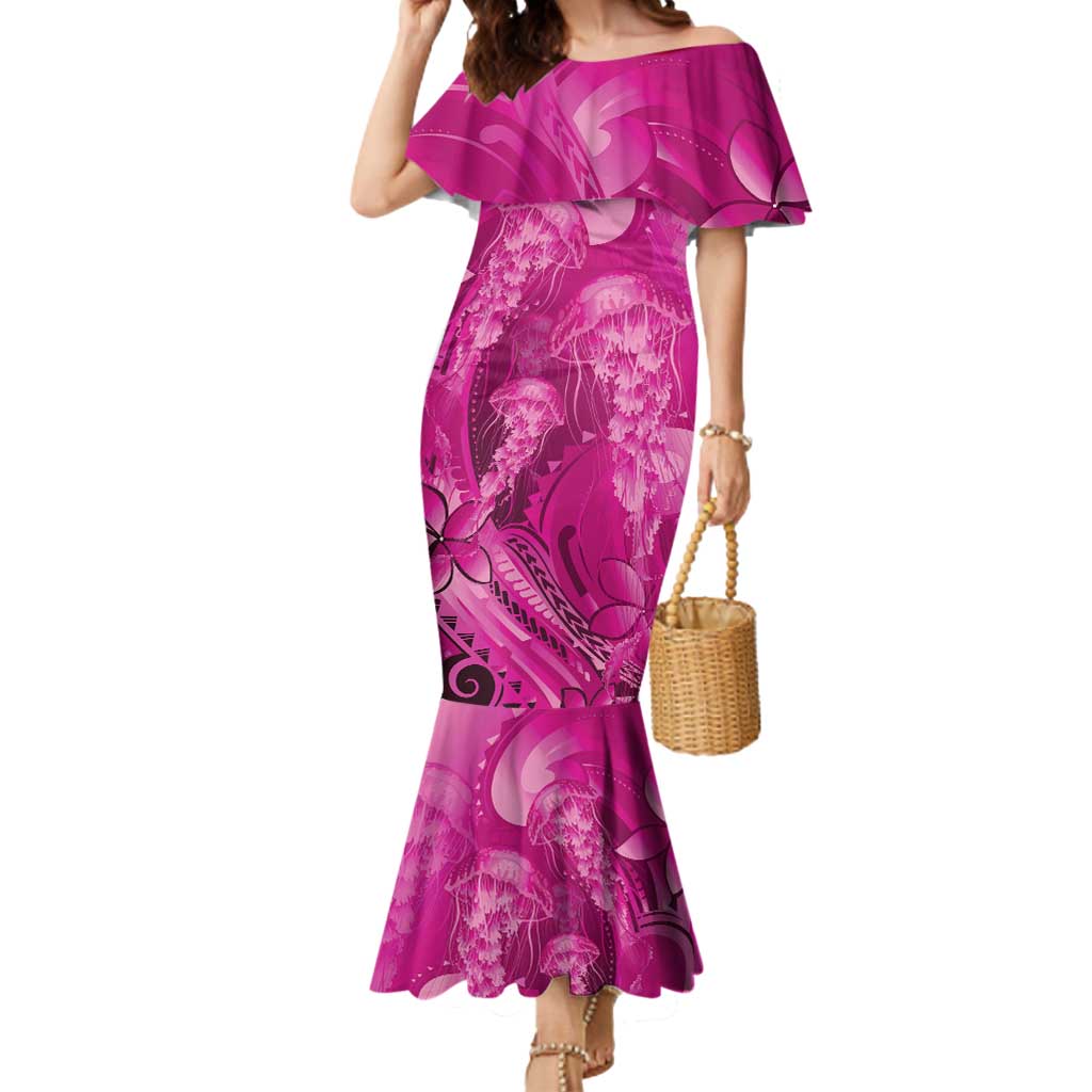 Pink Gradient Polynesia Jellyfish Mermaid Dress Plumeria Polynesian Tattoo Glowing Vibes