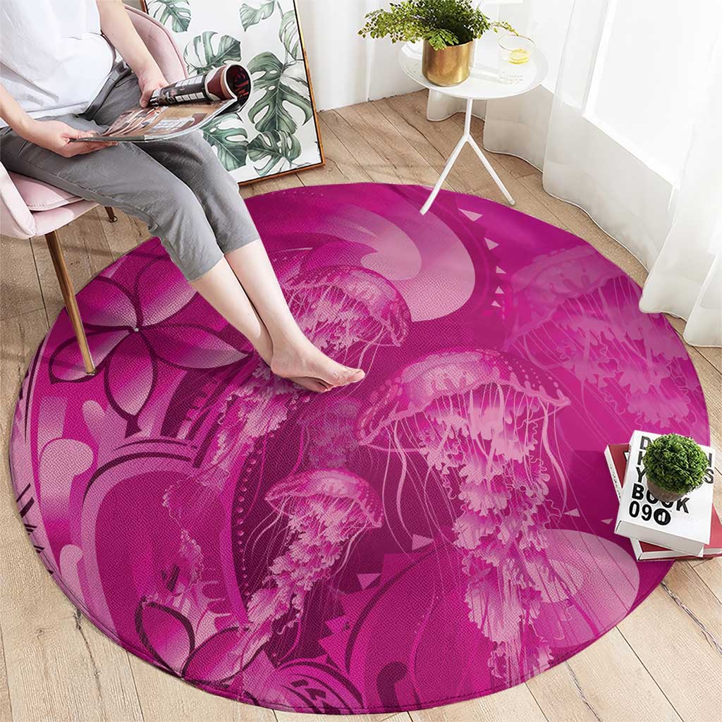 Pink Gradient Polynesia Jellyfish Round Carpet Plumeria Polynesian Tattoo Glowing Vibes