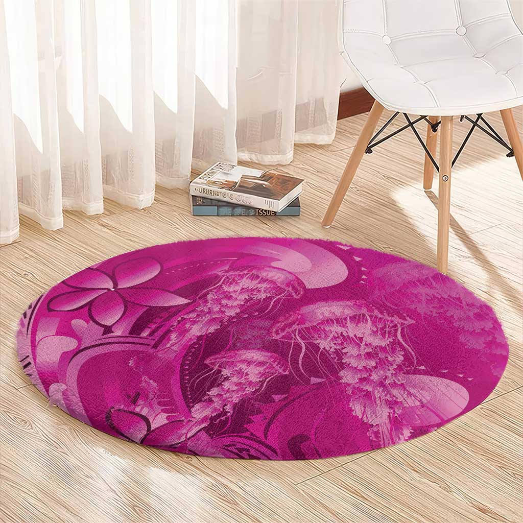 Pink Gradient Polynesia Jellyfish Round Carpet Plumeria Polynesian Tattoo Glowing Vibes