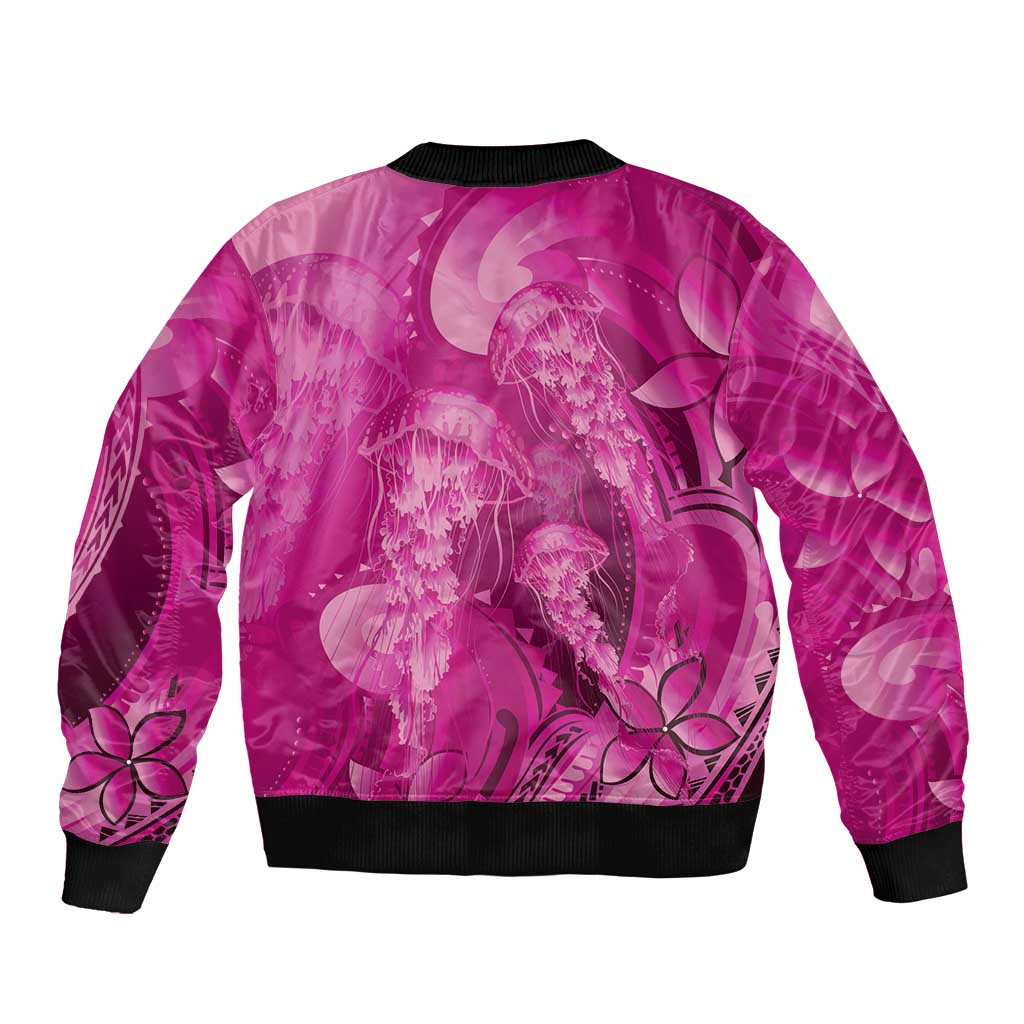 Pink Gradient Polynesia Jellyfish Sleeve Zip Bomber Jacket Plumeria Polynesian Tattoo Glowing Vibes