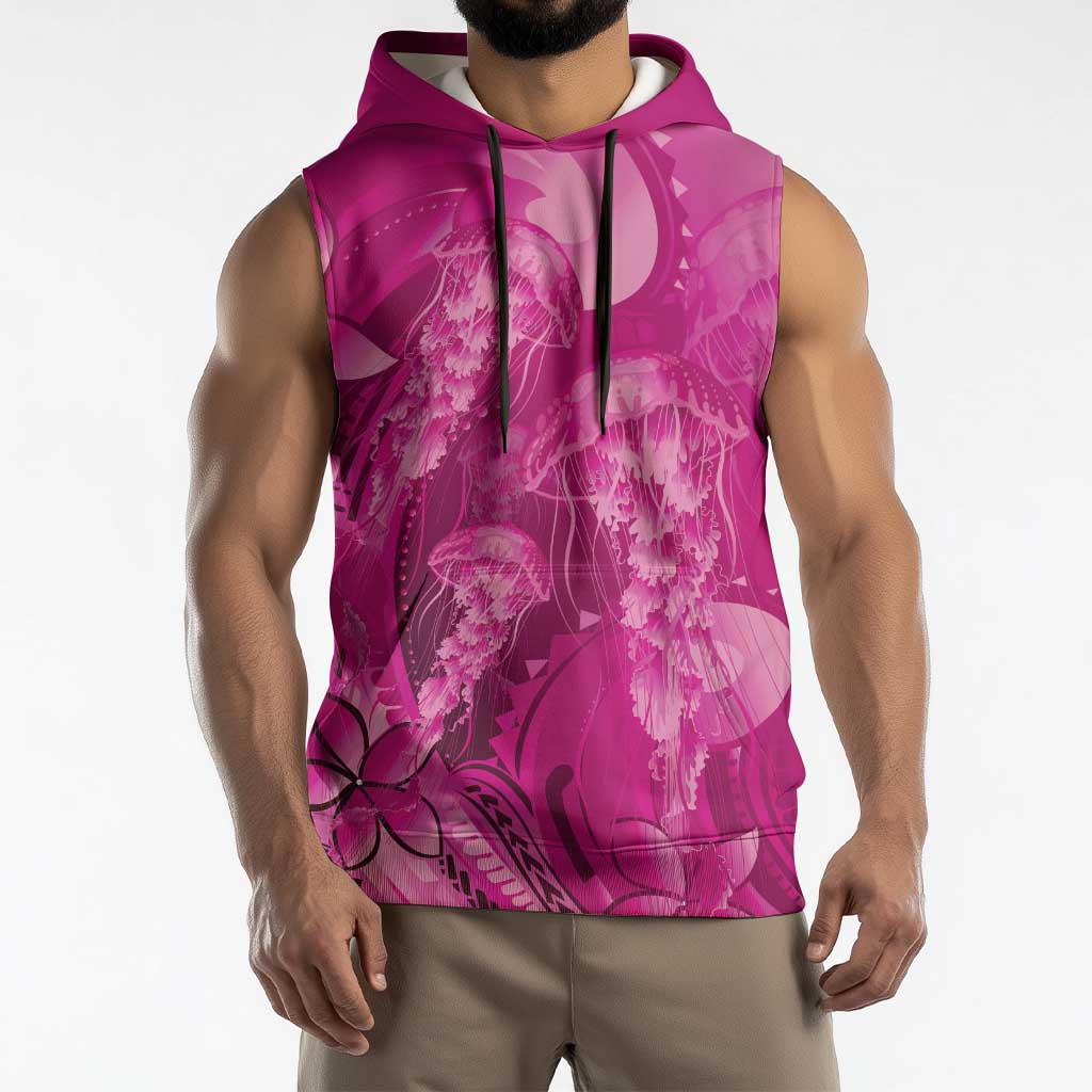 Pink Gradient Polynesia Jellyfish Sleeveless Hoodie Plumeria Polynesian Tattoo Glowing Vibes