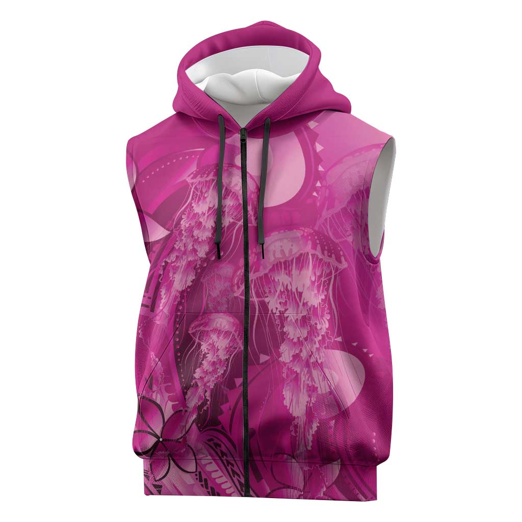 Pink Gradient Polynesia Jellyfish Sleeveless Zip Hoodie Plumeria Polynesian Tattoo Glowing Vibes