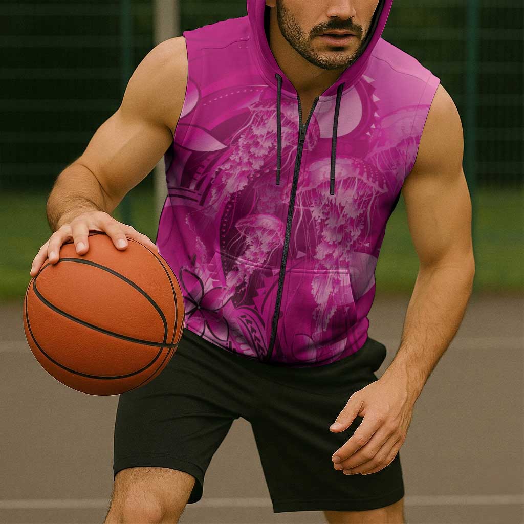 Pink Gradient Polynesia Jellyfish Sleeveless Zip Hoodie Plumeria Polynesian Tattoo Glowing Vibes