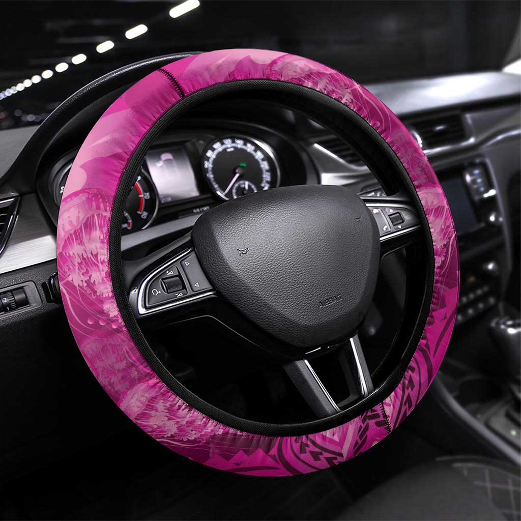 Pink Gradient Polynesia Jellyfish Steering Wheel Cover Plumeria Polynesian Tattoo Glowing Vibes