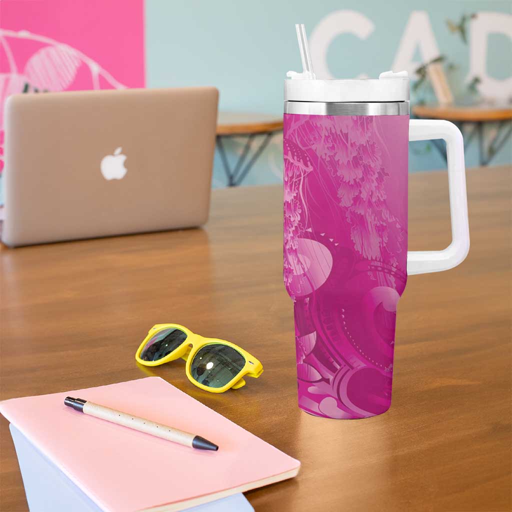 Pink Gradient Polynesia Jellyfish Tumbler With Handle Plumeria Polynesian Tattoo Glowing Vibes